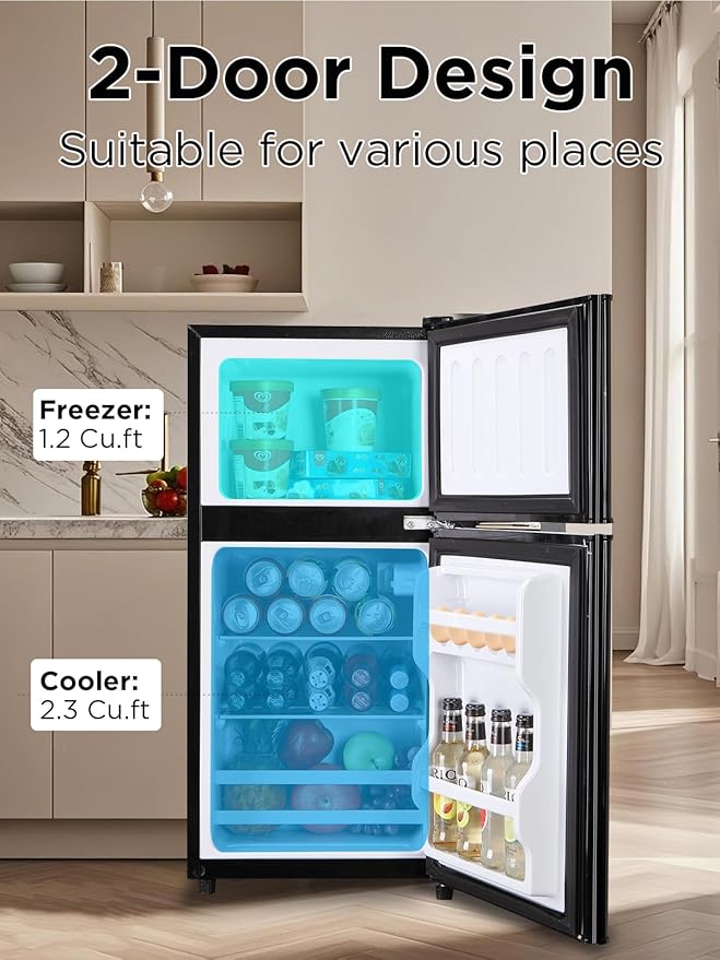 3.5 Cu.Ft Compact Refrigerator with Freezer, Mini Fridge with 2 Doors for Office, Kitchen, Dorm and Bedroom, Small Fridge with 7 Level Temp Adjustable Thermostat, Black-CasaMuseHome