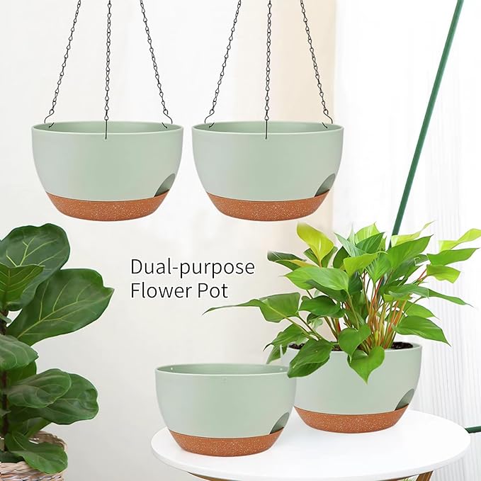 2 Pack Hanging Planters for Indoor Outdoor Plants, 12 Inch Self Watering Hanging Pot with Drainage Holes and Saucer, Plastic Plant Pots, Green Brown Flower Pots for Kitchen, Balcony, Garden-CasaMuseHome