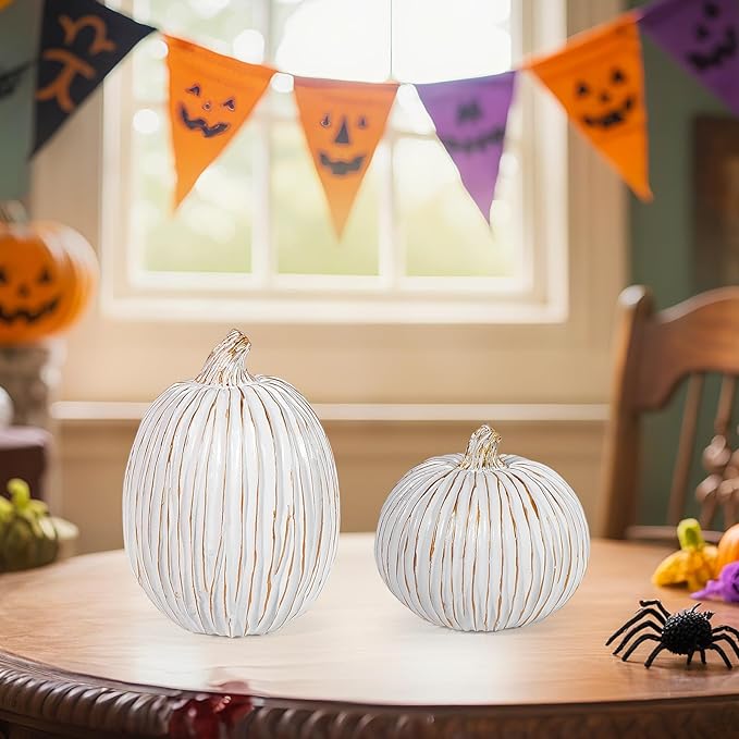 2Pcs Halloween Pumpkin Artificial Resin Pumpkins Decor for Mantel Harvest Autumn Tabletop Decoration Gold Fall Pumpkin Decorations Thanksgiving Table Centerpieces (Set B, ONE Size)-CasaMuseHome