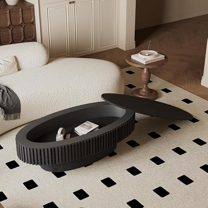 47.2''Oval Coffee Table with Storage, Mid Century Modern Fluted Drum Center Tables with Lid, Solid Wood Side Pedestal Coffee Table Tea Table for Living Room, Bedroom, Apartment-Black-CasaMuseHome