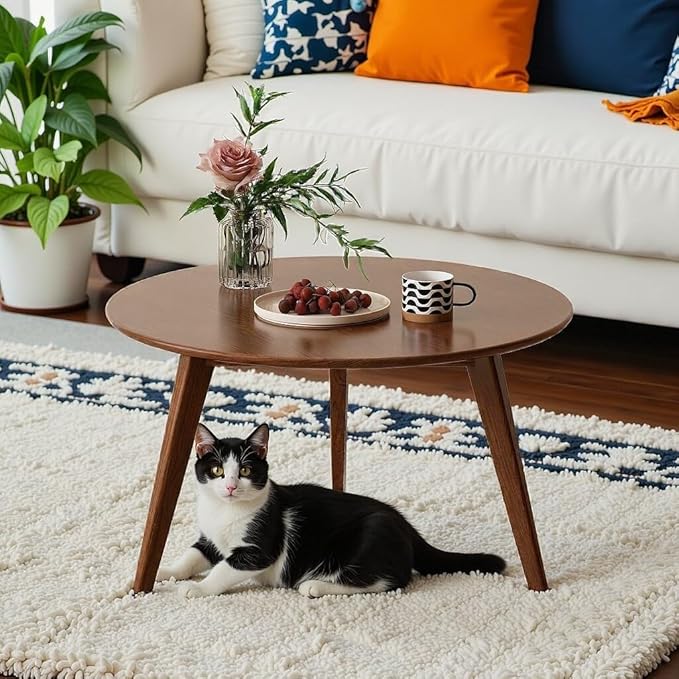 100% Solid Oak Wood Mini Coffee Table, Round Side Table w/Solid Wood Legs, Walnut Mid Century Coffee Table w/Sturdy Frame for Bedroom Balcony Living Room (29.53" D x 17.72" H)-CasaMuseHome