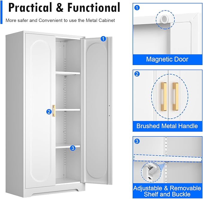 60" Tall Kitchen Pantry Cabinet, Metal Pantry Cabinet with Doors and Adjustable Shelves, White Utility Storage Cabinet with Handles for Dining Room, Bathroom, Laundry Room - Assemble Required-CasaMuseHome