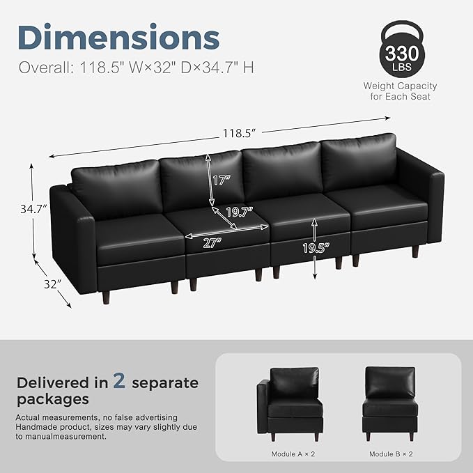 118.5" Faux Leather Modular Sectional Sofa with Storage Seat, Oversized 4 Seater Couch Deep Seat with Removable Cover Black-CasaMuseHome