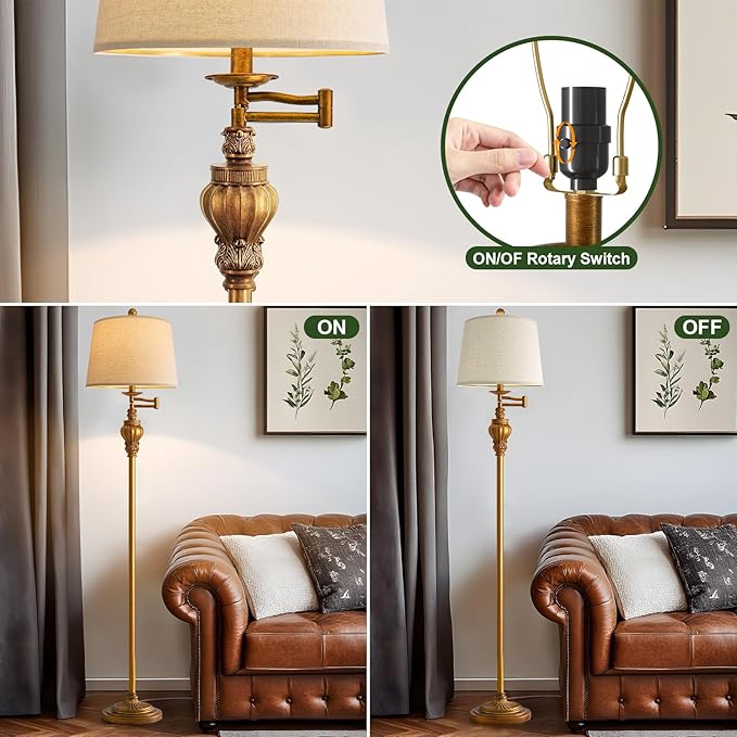 61" Vintage Floor Lamp with 350° Adjustable Swing Arm, Gold Standing Lamp for Bedroom Living Room Nightstand Bedside Retro Farmhouse Mid Century Lamp Light Home Décor Office Gifts-CasaMuseHome