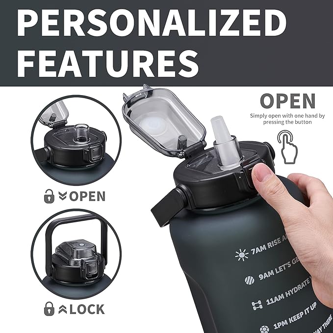 64oz,100oz,128oz Large Motivational Water Bottle with Time Marker, Leakproof & BPA Free Half Gallon Big Water Bottle with Straw Handle Tritan Frosted Water Jug for Gym,Fitness,Outdoor Sports-CasaMuseHome