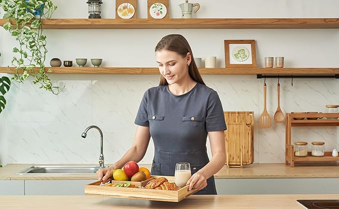 Koppen Acacia Wood Serving Tray with Handles, 17" x 13.86", Large Wooden Platter for Breakfast, Ottoman Tray for Party, Snacks, Fruit, Coffee Table, Living Room, Sofa, Bed, Outdoor-CasaMuseHome
