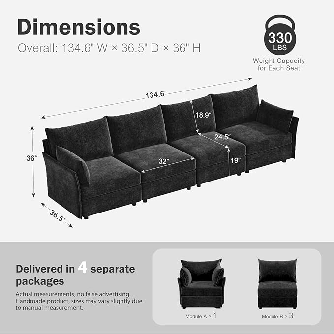 134.6" Modular Sectional Sofa, Oversized 4 Seater Couch with Removable Black Chenille Fabric Cover, Deep Seat & High Backrest for Living Room, Office & Apartment-CasaMuseHome