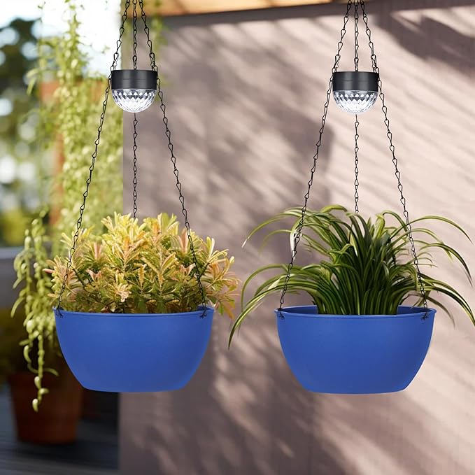 2 Packs Solar Hanging Basket Planters for Plants Outdoor, Self Watering Blue Flower Plants Pots with Solar Light Drainer for Balcony Patio Garden Outdoor Decoration-CasaMuseHome