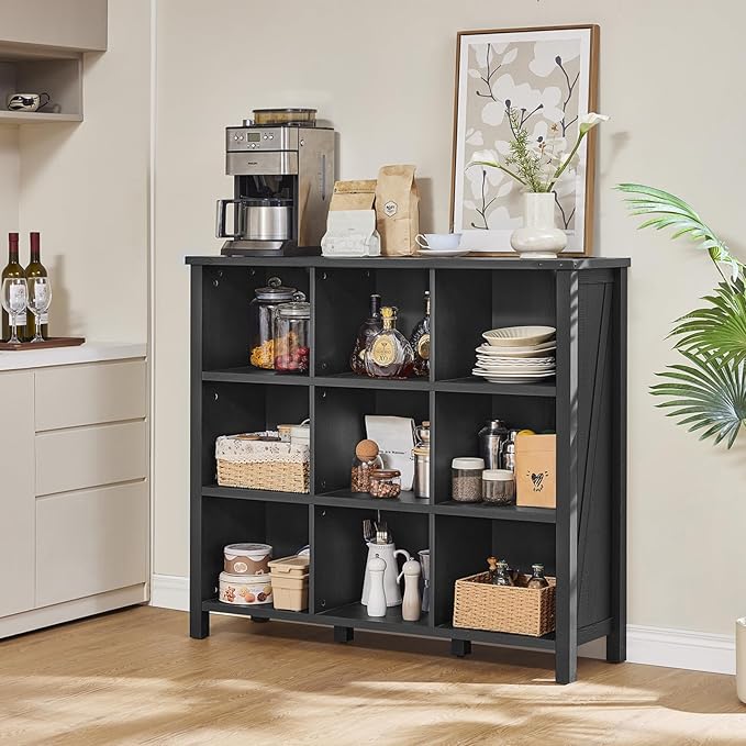 9 Cube Bookcase, Farmhouse 47 Inch Wide Black Bookshelf, Wooden 3 Tier Display Large Open Book Shelf, Vintage Horizontal Book Case for Home Office, Cubby Storage Cabinet for Living Room-CasaMuseHome