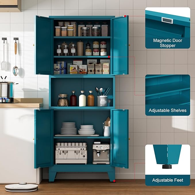 69" Tall Kitchen Pantry Cabinet, Metal Storage Cabinet with 4 Doors and Adjustbale Shelves, Freestanding Cupboards for Dining Room, Living Room, Bathroom-CasaMuseHome