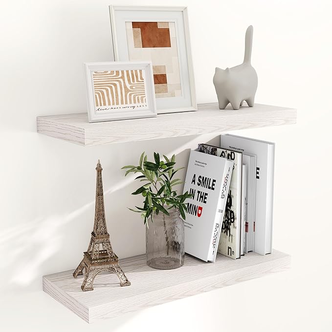 24 x 9 Floating Shelves, 9 Inch Deep Floating Shelf Wall Mounted, 24 Inch Bathroom Shelves Set of 2, Rustic Wood Wall Shelf for Bedroom, Living Room, Brich Color-CasaMuseHome