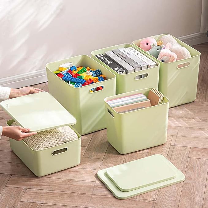 5 pack large plastic White storage bins Baskets, Toy Box Chest with Lids and Handle，Organizer Containers for Baby，Kids,snacks,Nursery，Shelves，Playroom, Bedroom，Office,Closet，home-CasaMuseHome