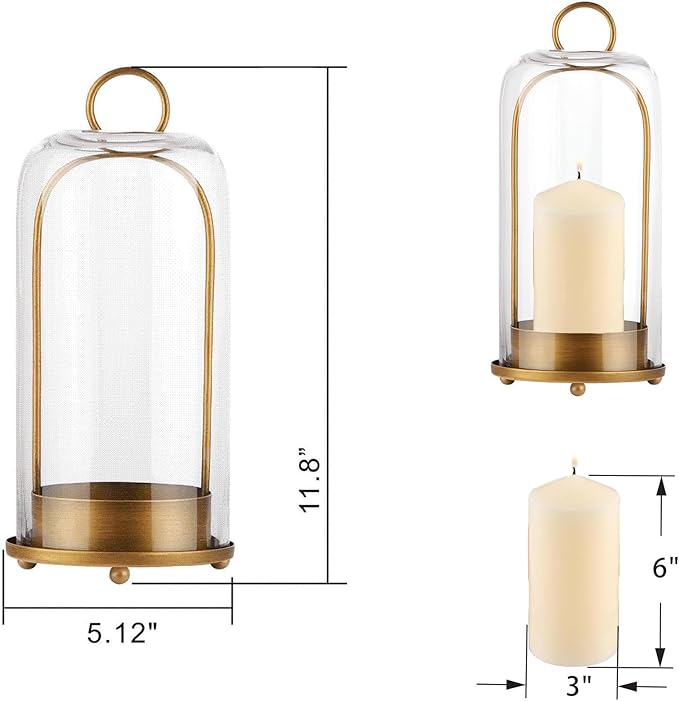 12" High Versatile Modern Metal Hurricane Lantern with Handmade Sturdy Glass Dome for 3" Pillar Candle & Plants (Brass, 5"x12")-CasaMuseHome