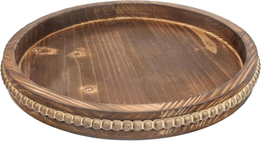 Round Burnt Wood Serving Tray with Beads, Wooden Decorative Tray for Entertaining, Decoration, and Gifting,-CasaMuseHome