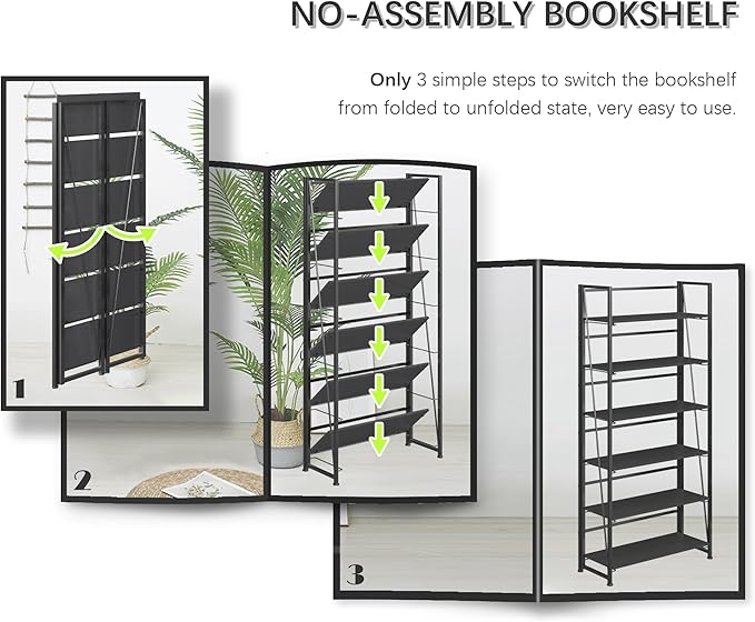 4NM No Assembly Foldable Bookshelf, 6-Shelf Collapsible Bookcase Storage for Small Spaces, 74" H, All Black-CasaMuseHome