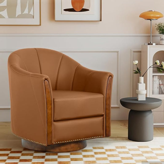360° Swivel Accent Chair, Modern Leather Barrel Club Chair with Leather Upholstery and Sturdy Wood Base, Comfortable Armchair for Living Room, Bedroom, Reading Nook, Brown-CasaMuseHome