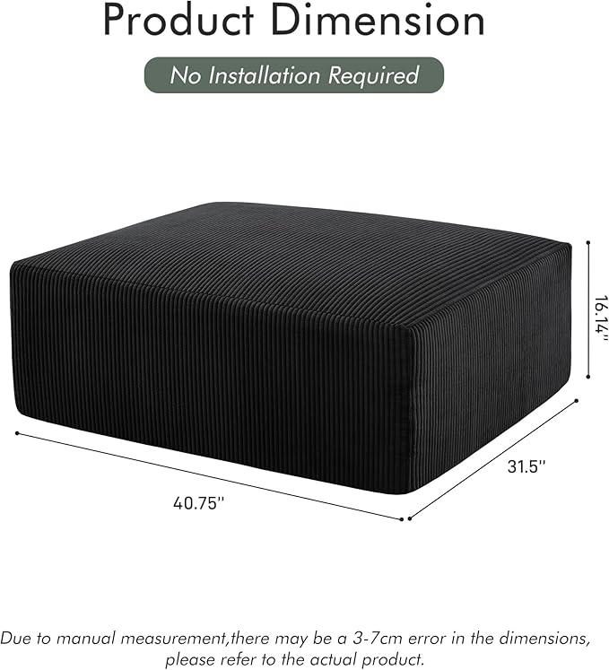 40" Square Stuffed Ottoman Pouf for Sofa Couch, Corduroy Poufs with Foam Chunk Filling, Furry & Fluffy Foot Stool Movable Ottoman. 40 * 31 Floor Poufs Foot Rest for Living Room, Black-CasaMuseHome