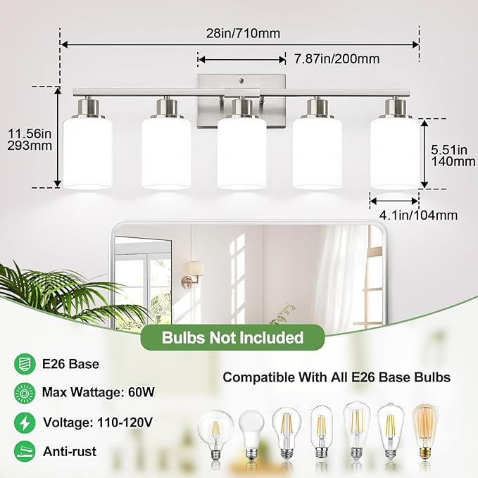 5-Light Brushed Nickel Bathroom Vanity Light with Milky White Frosted Glass Shades, Modern Bathroom Light Fixtures, Up/Down Reversible Lighting for Mirror, Bedroom, Kitchen, Living Room, Hallway-CasaMuseHome