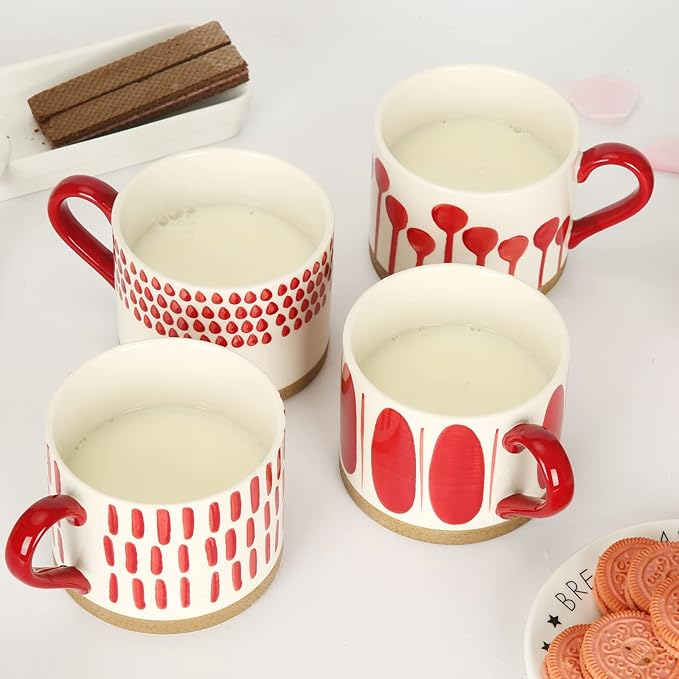 Koja Hand Painted 15 oz. Porcelain Ceramic Mugs Set. Service for 4. (Hand Painted - Red)-CasaMuseHome