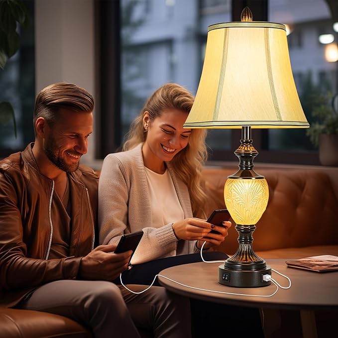 27'' High Vintage Table Lamp Set of 2 for Living Room Farmhouse Bedside Lamp with Fabric Shades Boho Nightstand Lamp with USB and Nightlight for Bedroom Home Office Hotel Bar (Bulb Included)-CasaMuseHome