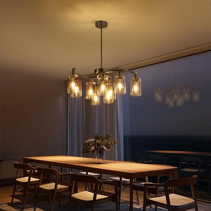 9-Light Brushed Nickel Glass Chandelier, Adjustable Height Hanging Industrial Dining Room Chandelier Over Table, Modern Farmhouse Chandelier for Kitchen Island Living Room Entryway Bedroom-CasaMuseHome