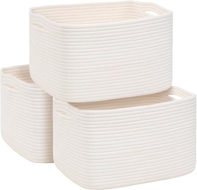 3-Pack Shelf Baskets for Organizing, Woven Storage Basket for Shelves, Cotton Rope Storage Bins for Toys Books, Nursery Towel Baskets for Classroom, 14.96"X9.8"X8.85", White-CasaMuseHome