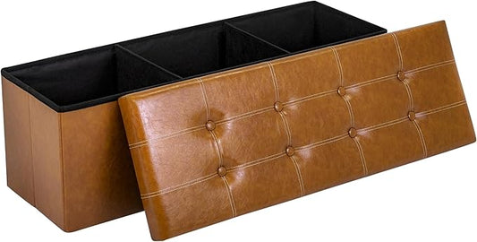 43 Inches Folding Storage Ottoman Bench, PU Leather Storage Chest, Footrest Padded Seat for Bedroom and Hallway, Holds up to 660 lbs, Light Brown-CasaMuseHome