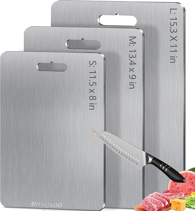 Titanium Cutting Boards for Kitchen [Set of 3], Double Sided Pure Titanium Cutting Board | Easy to Clean | Dishwasher Safe | Food-Grade Raw & Cooked Foods or Outdoor Camping Chopping Board-CasaMuseHome