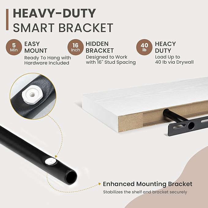 36 Inch Floating Shelves, 8 Inch Deep Floating Shelves for Wall, Hanging Shelf with Invisible Brackets, Deep Shelves for Bathroom, Bedroom, Living Room, White, Set of 2-CasaMuseHome