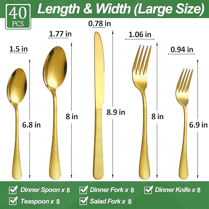 40 Pcs Gold Silverware Set for 8 with Hammered Design, Food Grade Stainless Steel Flatware Set, Eating Utensils Sets Include Fork/Knife/Spoon, Cutlery Set, Dishwasher Safe-CasaMuseHome