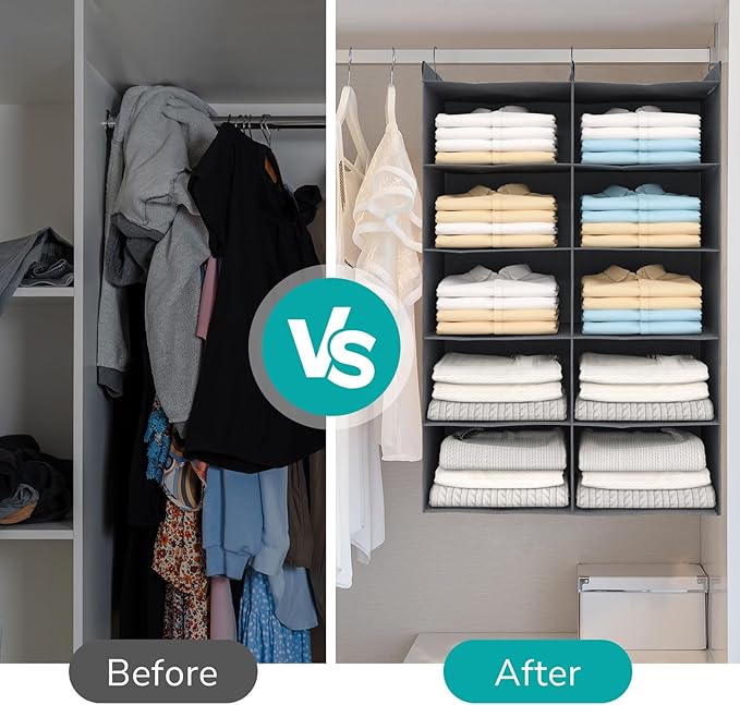 5 Tier Shelf Hanging Closet Organizer, Dual-Row 10 Pocket Cloth Hanging Shelf with 3 Sturdy Hooks for Storage, Foldable (Grey)-CasaMuseHome