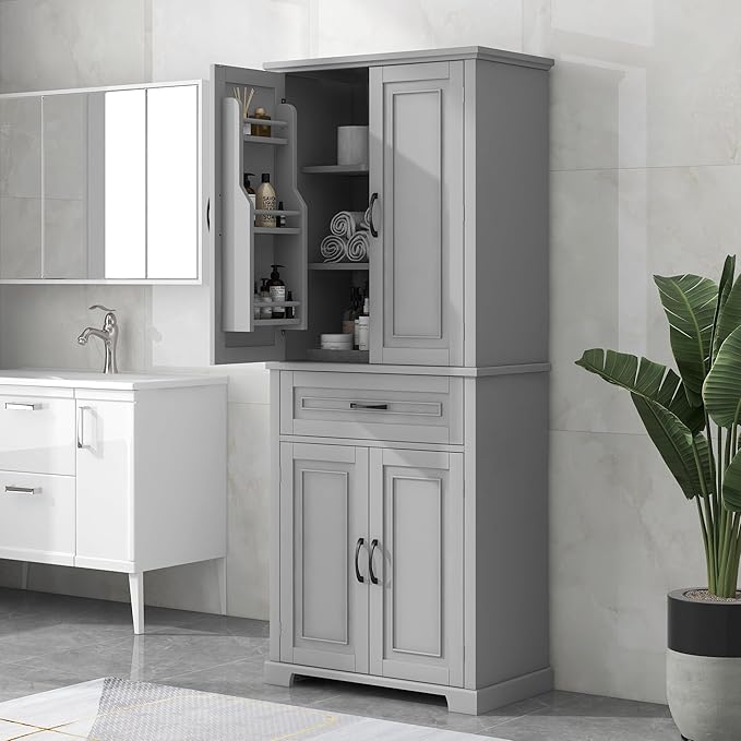 72.2" Tall Storage Cabinet with 4 Doors and Drawer, Freestanding Linen Cabinet, Wooden Pantry with Adjustable Shelf for Kitchen, Bathroom, Living Room, Grey-CasaMuseHome