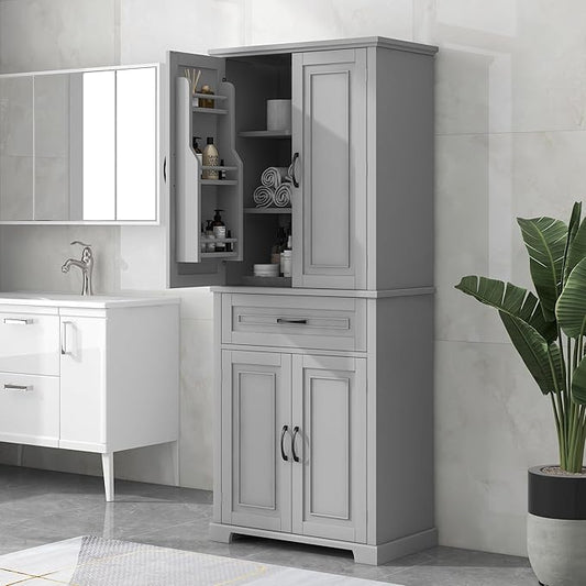 72.2" Tall Storage Cabinet with 4 Doors and Drawer, Freestanding Linen Cabinet, Wooden Pantry with Adjustable Shelf for Kitchen, Bathroom, Living Room, Grey-CasaMuseHome