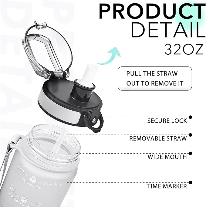 32oz Motivational Water Bottles with Time Marker & Fruit Strainer, Transparent Gradient Color Water Bottle with Times to Drink, Leakproof & BPA Free, Reusable Bottle with Strap (No Straw)-CasaMuseHome