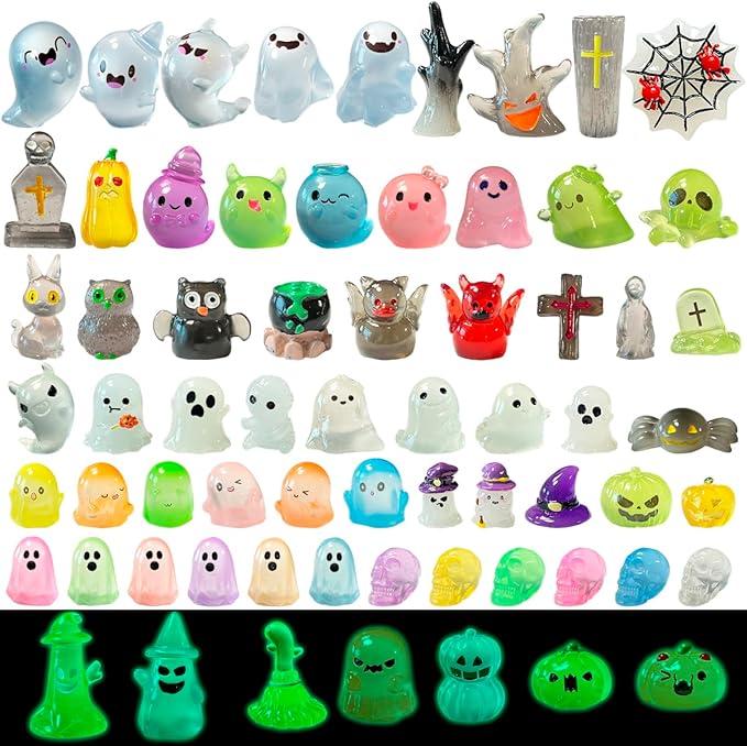 72 Pcs Halloween Mini Resin Animals Figures Kit - Luminous Tiny Resin Figurines Accessories, Glow in The Dark Miniature Ghost Figurines for Halloween Party, Micro Landscape, Tabletop Decor-CasaMuseHome