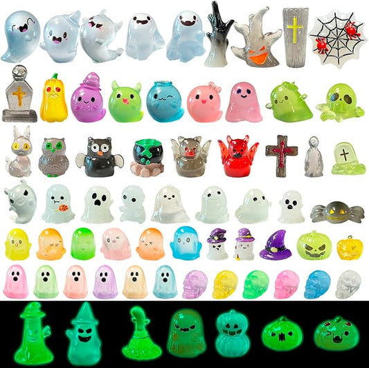 72 Pcs Halloween Mini Resin Animals Figures Kit - Luminous Tiny Resin Figurines Accessories, Glow in The Dark Miniature Ghost Figurines for Halloween Party, Micro Landscape, Tabletop Decor-CasaMuseHome