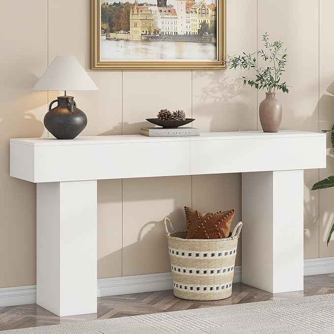 63 Inch Long Console Table for Entryway, Farmhouse Wood Rectangular Sofa Table Behind Couch Table, Narrow Entryway Table for Living Room, Entrance, Hallway, Foyer, Easy Assembly (Classic White)-CasaMuseHome