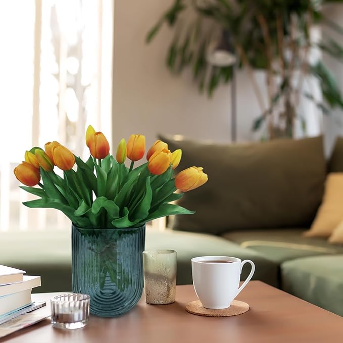 15pcs Artificial Tulips Flowers, Fake Tulips Real Touch, Faux Latex Bouquets, for Party Wedding Home Room Decoration (Orange)-CasaMuseHome