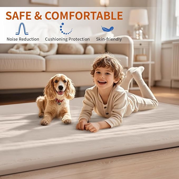 ACOMOPACK Baby Play Mat for Floor,1.3" Thick Memory Foam Area Rug for Living Room,Soft Velvet Crawling with Non-Slip Bottom for Kid,Toddler,79"×157" Tummy Time Nursery Rugs,Yoga（Beige）-CasaMuseHome