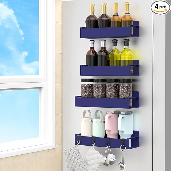 4 Pack Magnetic Spice Rack Organizer for Refrigerator and Oven, Dark Blue Fridge Organizers and Storage for Kitchen-CasaMuseHome