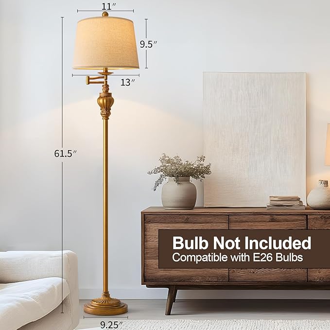 61" Vintage Floor Lamp with 350° Adjustable Swing Arm, Gold Standing Lamp for Bedroom Living Room Nightstand Bedside Retro Farmhouse Mid Century Lamp Light Home Décor Office Gifts-CasaMuseHome