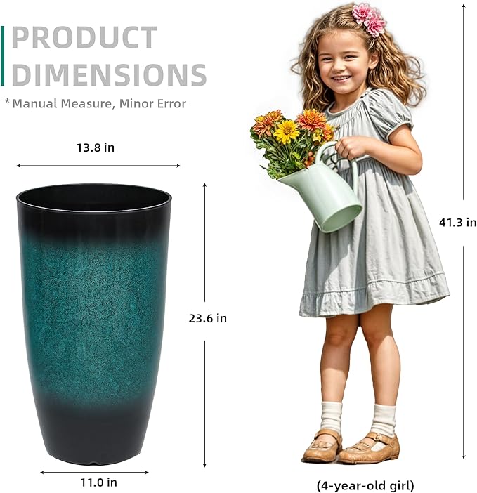 23.6" H Large Tall Outdoor Planters, Set of 2 Plastic Large Flower Pots for Outdoor Plants, with Gradient Turquoise Finish, Weather-Resistant for Porch, Garden, Patio or Indoor Use-CasaMuseHome