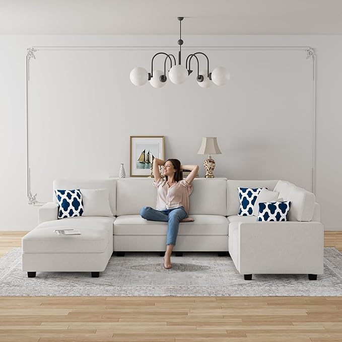 L Lengend Vansen Modular Sectional Sofa U Shaped Couch with Ottoman Modern Reversible Corner Sectional Couch for Living Room (Cream, U Shaped Sofa-3)-CasaMuseHome