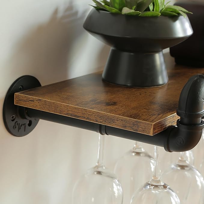 41 Inch Wine Rack Wall Mounted 2 Tier, Hanging Floating Bar Liquor Shelves with Glass Holder Storage Under, Industrial Rustic Pipe Farmhouse Kitchen Decor Black-CasaMuseHome