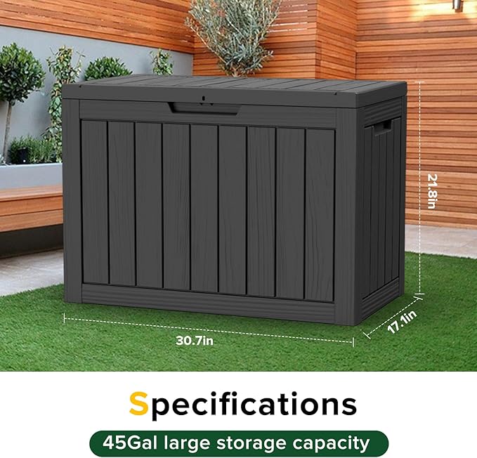 45 Gallon Resin Deck Box, Waterproof Outdoor Storage Bin for Patio, Poolside, and Garden, Lockable & UV-Resistant, Ideal for Small Spaces, Black-CasaMuseHome
