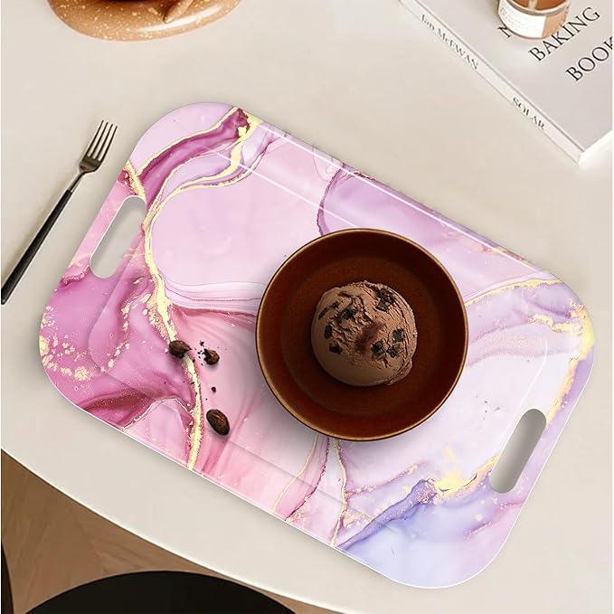 Serving Trays with Handles, 14.5 x 9.8 inch Rectangular Plastic Tray for Restaurant, Kitchen, Painting of Pink and Gold Marble-CasaMuseHome