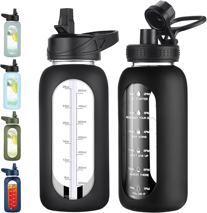 32 oz Glass Water Bottle with Straw and Handle, Sports Motivational Water Flask with Silicone Sleeve, Large Leakproof Water Flask Cup with Time Marker for Travel, Gym, Black-CasaMuseHome