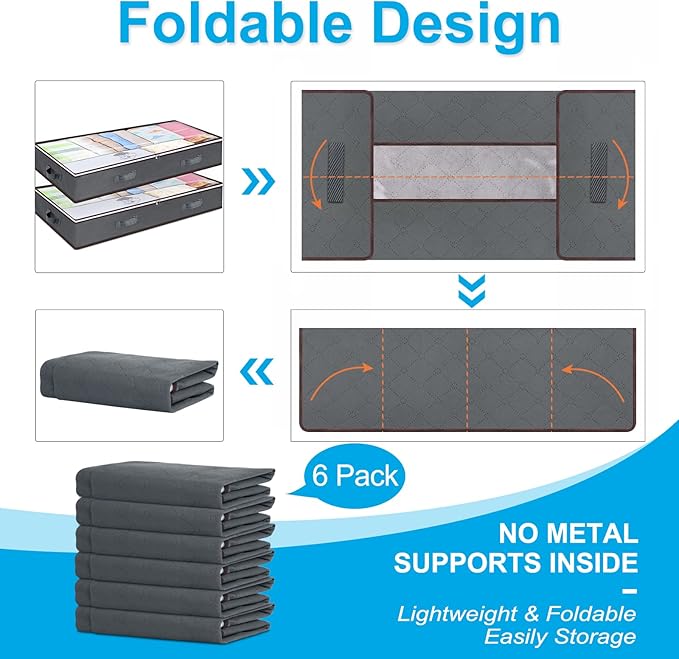 90L Under Bed Storage Containers, 6 Pack Underbed Closet Storage Organizer System, Moving Bags with Clear Window and Reinforced Handles for Bedding Pillows Blanket Clothes Wardrobe Bedroom-CasaMuseHome