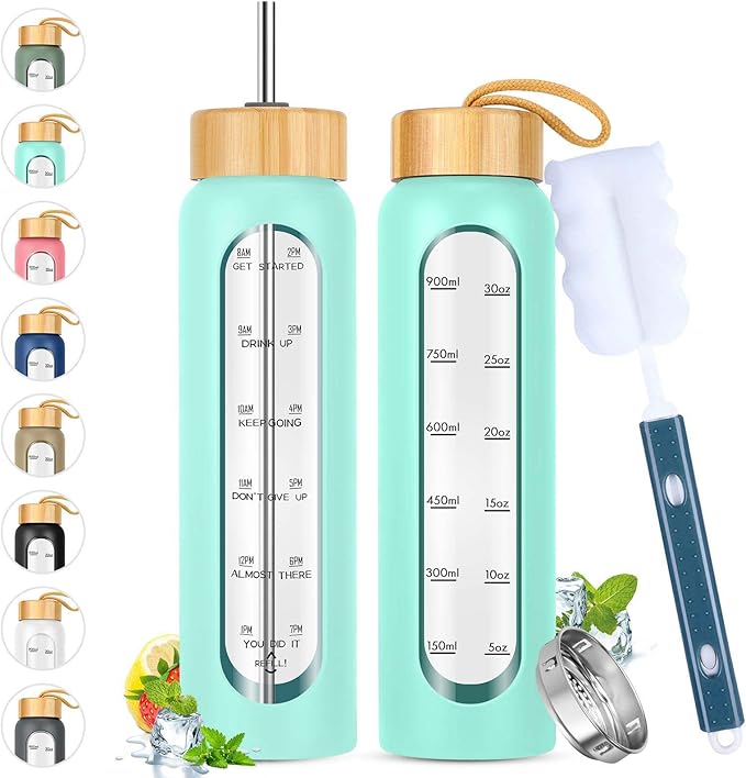 32 oz Glass Water Bottle with Straw - Motivational Time Marker & Silicone Sleeve - Reusable Tumbler Includes 2 Bamboo Lids & Fruit Infuser - 1 Pack-CasaMuseHome