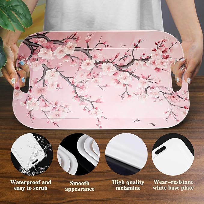Serving Trays with Handles, 14.5 x 9.8 inch Rectangular Plastic Tray for Restaurant, Kitchen, Pink Cherry Blossom-CasaMuseHome